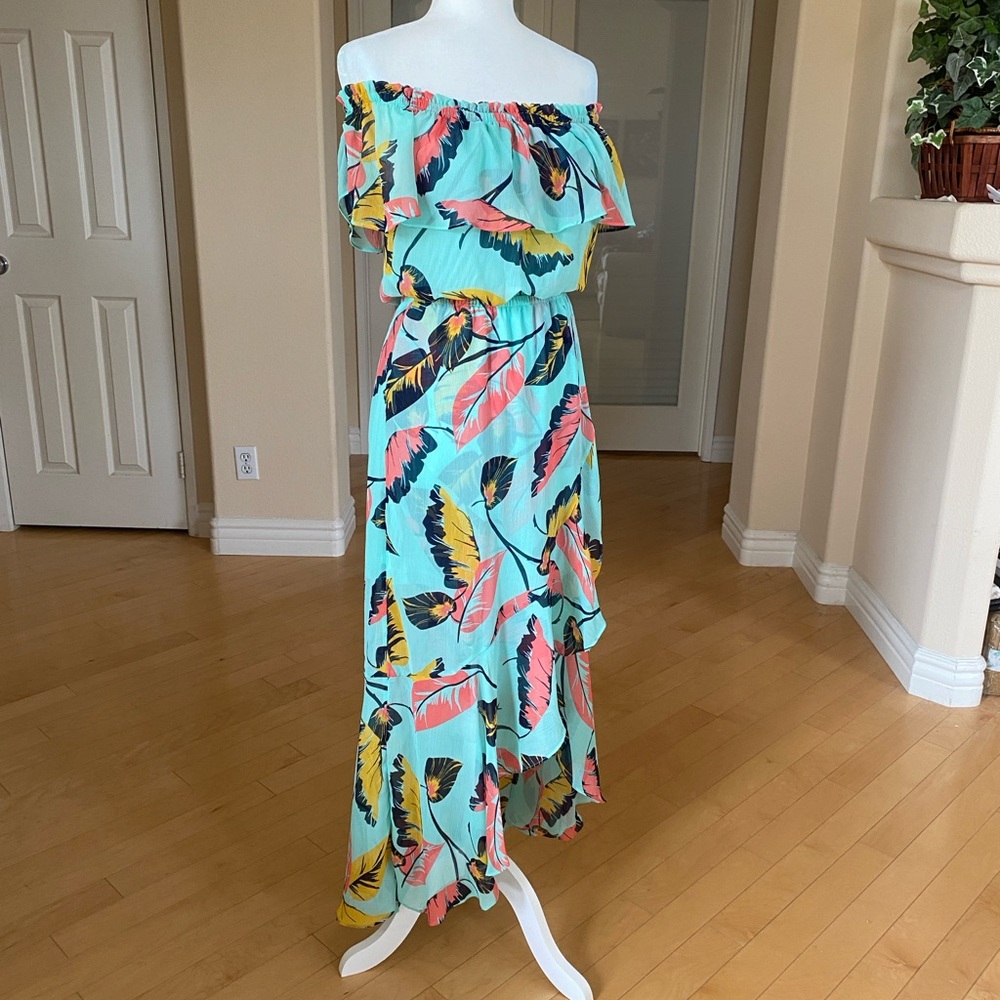 Express Boho Blue and Pink Asymmetrical Ruffled Sundress